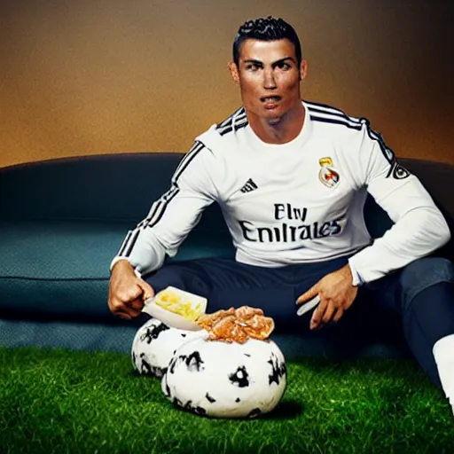 Image similar to a promo portrait of cristiano ronaldo crying sitting in a sofa, eating a bucket of ice cream,