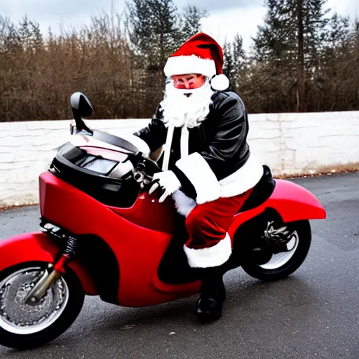 Prompt: santa wearing leather jacket on motorcycle