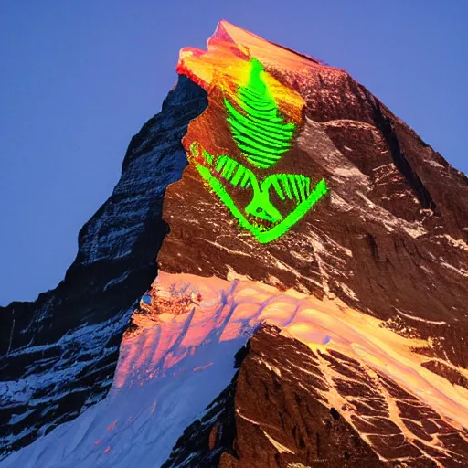 Prompt: indian flag projected illuminated on the matterhorn mountain at night, top is orange, middle white, bottom green