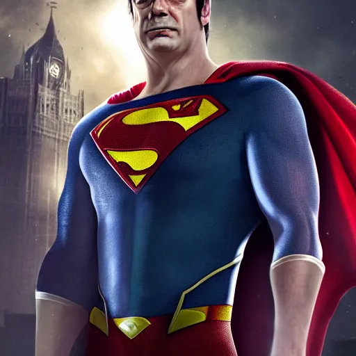 Image similar to Portrait of Nigel Farage as superman, heroic, amazing splashscreen artwork, splash art, head slightly tilted, natural light, elegant, intricate, fantasy, atmospheric lighting, cinematic, matte painting, detailed face, by Greg rutkowski