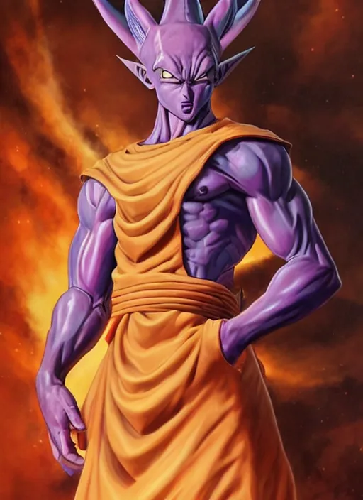 Image similar to a epic portrait of beerus from dragon ball z, art by boris vallejo and greg danton and denys tsiperko, detailed, hyperrealism, artstation