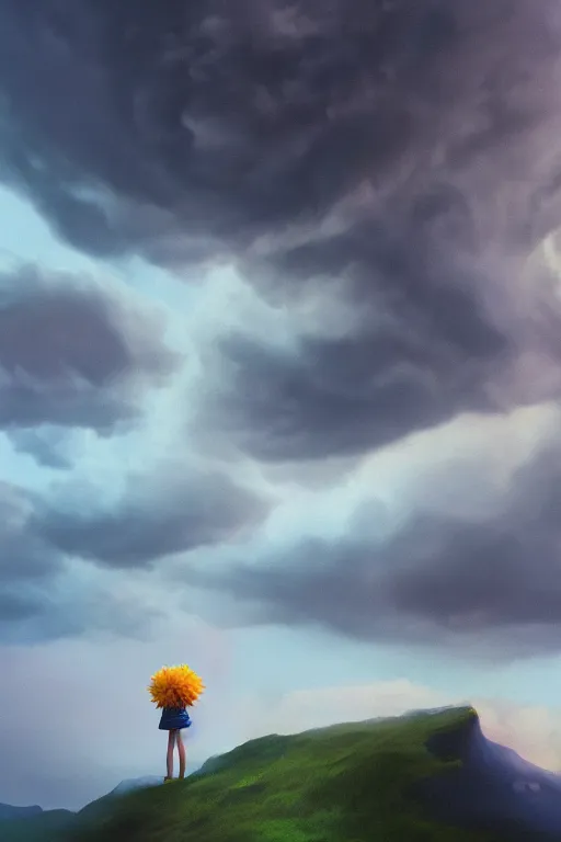 Image similar to closeup perspective, giant dahlia flower over the head, girl standing on mountain, surreal photography, blue storm clouds, dramatic light, impressionist painting, digital painting, artstation, simon stalenhag