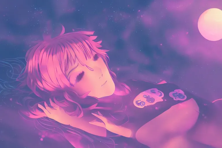 Image similar to a cute anime girl sleeping on a cloud, misty, glows, digital art, hazy, foggy, ambient lighting, 8 k, neon, synthwave,