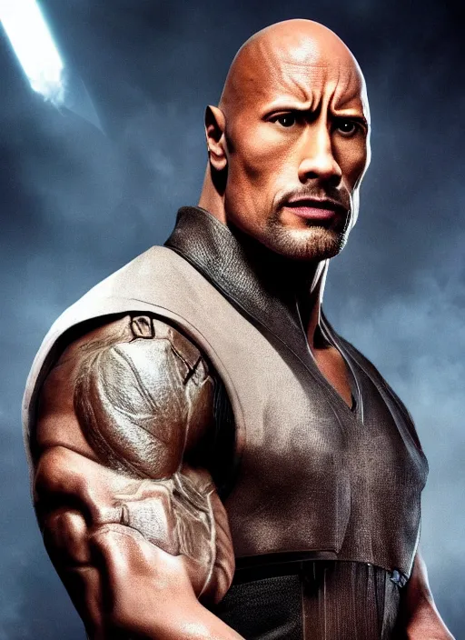 Image similar to dwayne johnson portraying a beautiful mara jade from star wars legends, in a black suit, without lightsaber, movie, hyper realistic, hollywood promotional image, imax, 8 k