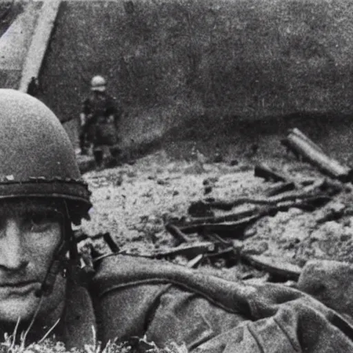 Image similar to a photo taken from a trench showing a nuclear explosion in the distance, a german soldier wearing a ww 2 stahlhelm is laying on the ground and looking at the explosion, realistic, taken on a ww 2 camera.