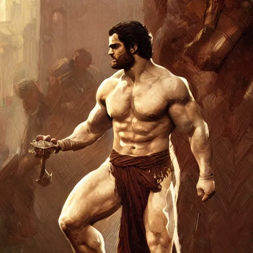 Image similar to Henry Cavill as a Greek gladiator, gorgeous, amazing, muscular, intricate, highly detailed, digital painting, artstation, concept art, sharp focus, illustration, art by greg rutkowski and alphonse mucha
