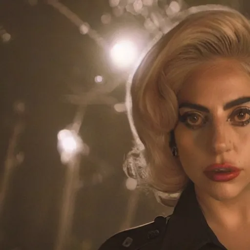 Image similar to lady gaga as a cop in a spooky forest, ufo overhead, alien, realistic, 8k resolution, hyperdetailed, highly detailed, real life, studio lighting, high quality