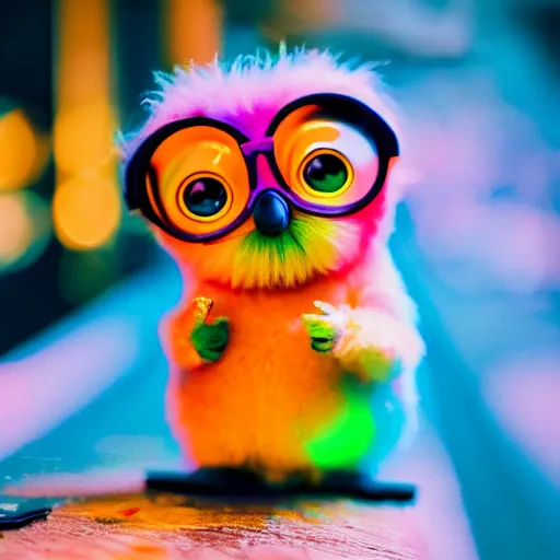 Image similar to a cute colorful furby, photography, golden hour, bokeh, colorful, saturated, cinematic lighting, volumetric light, 8 k