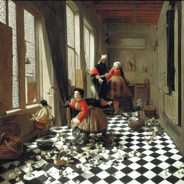 Prompt: colored painting, pieter de hooch, trending on artstation, highly detailed, black and white checkerboard floor in the middle of the rainforest, intricate, elegant
