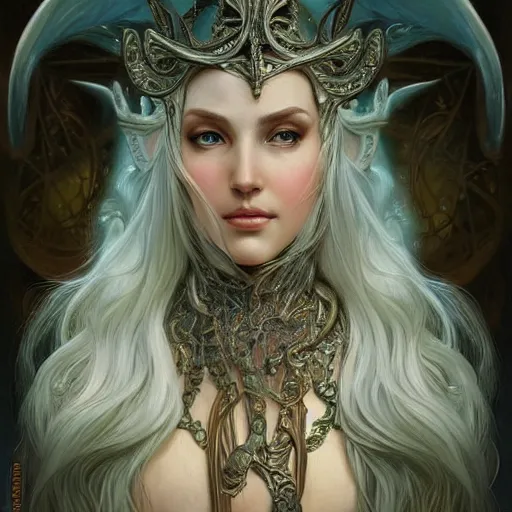 Image similar to a oil painting of a elven queen, cute, fantasy, intricate, elegant, highly detailed, centered, digital painting, artstation, concept art, smooth, sharp focus, illustration, art by artgerm and h r giger and alphonse mucha