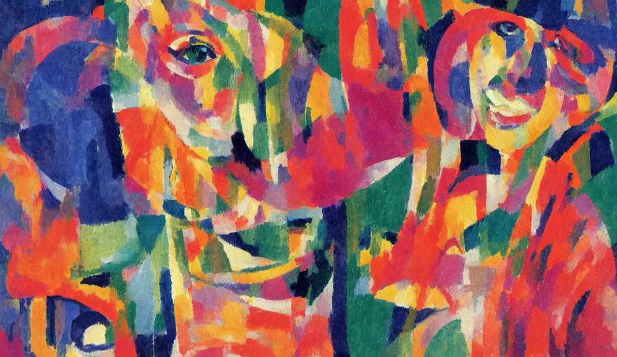 Image similar to an extreme close-up abstract portrait of a lady enshrouded in an impressionist representation of Mother Nature and the meaning of life by Sonia Delaunay and Igor Scherbakov, abstract colorful lake garden at night, thick visible brush strokes, figure painting by Anthony Cudahy and Rae Klein, vintage postcard illustration, minimalist cover art by Mitchell Hooks