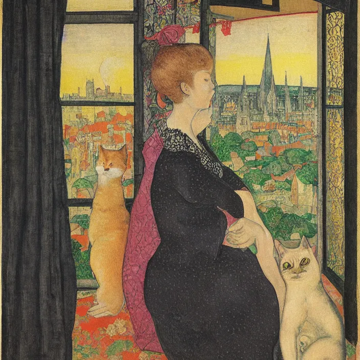 Image similar to close portrait of woman in night gown with cat, with city with gothic cathedral seen from a window frame with curtains. sunset. lucas cranach, bonnard, henri de toulouse - lautrec, utamaro