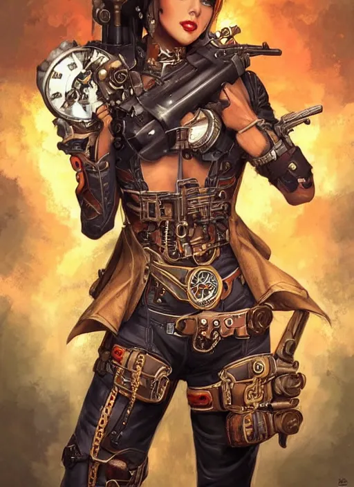 Image similar to front portrait of attractive Lady Mechanika holding a shotgun with both hands, Intrincate background with steampunk imagery , D&D!, fantasy style, sharp focus!, ultra detailed, art by Artgerm and Peter Andrew Jones, WLUP