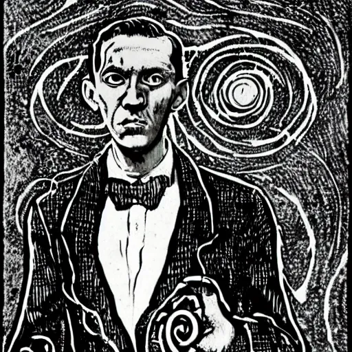 Prompt: h p lovecraft holding up an glowing orb of malice, it radiates dark, eldritch energy, detailed in the style of vincent van gogh