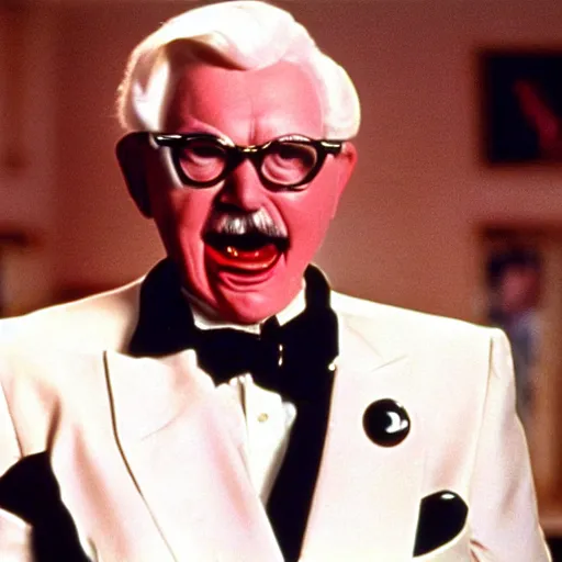 Image similar to A still of Colonel Sanders as an evil supervillain in a 1980s movie