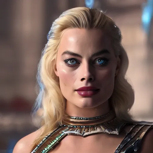 Image similar to margot Robbie wearing a cosplay costume, detailed face, 4k, hd, cinematic