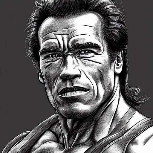 Prompt: portrait arnold schwarzenegger by yusuke murata and masakazu katsura, artstation, highly - detailed, cgsociety, pencile and ink, city in the background, dark colors, intricate details h 7 0 4