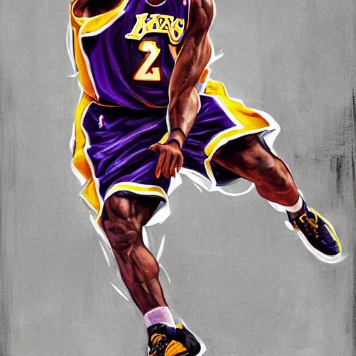 Prompt: a hyperdetailed digital oil painting of Kobe Bryant shooting on the basketball court in the 2010 Finals in the style of Guy Denning and Ruan Jia. Trending on ArtStation and DeviantArt. Digital art