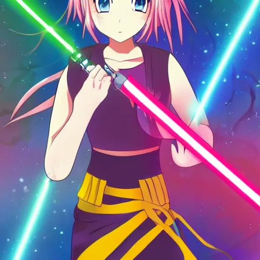 Prompt: a female anime character holding a light saber, anime art, bright colors, space background