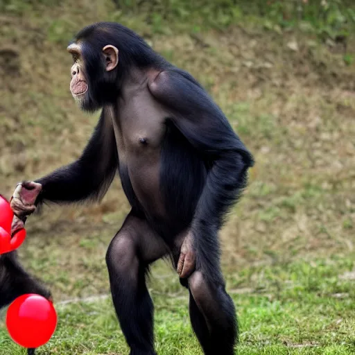 Prompt: a chimpanzee dressed a s a ninja fighting a red balloon