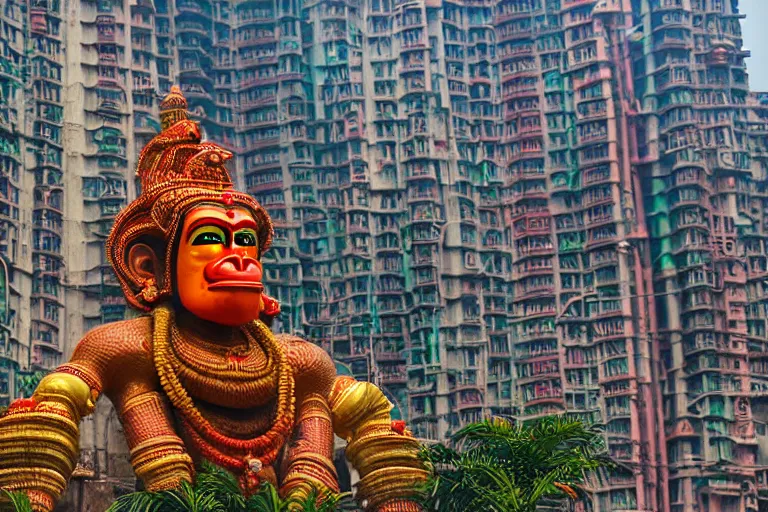 Image similar to high quality 3 d cyberpunk biomorphic hanuman head building in the middle of mumbai!!, kalighat highly detailed, cinematic smooth, stephen shore & john j. park, soft morning light, wide shot, high angle, uhd 8 k, deep focus