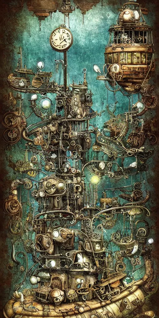 Image similar to a detailed digital painting of an organic steampunk living submarine by alexander jansson and where's waldo and leonardo da vinci