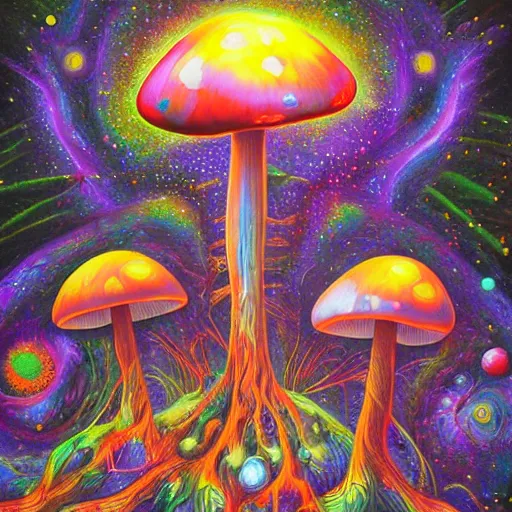 Image similar to mushroom universe by Alex Gray, oil painting, cosmic, ethereal, highly detailed, psychedelic, fractcal, low contrast, trending on artstation