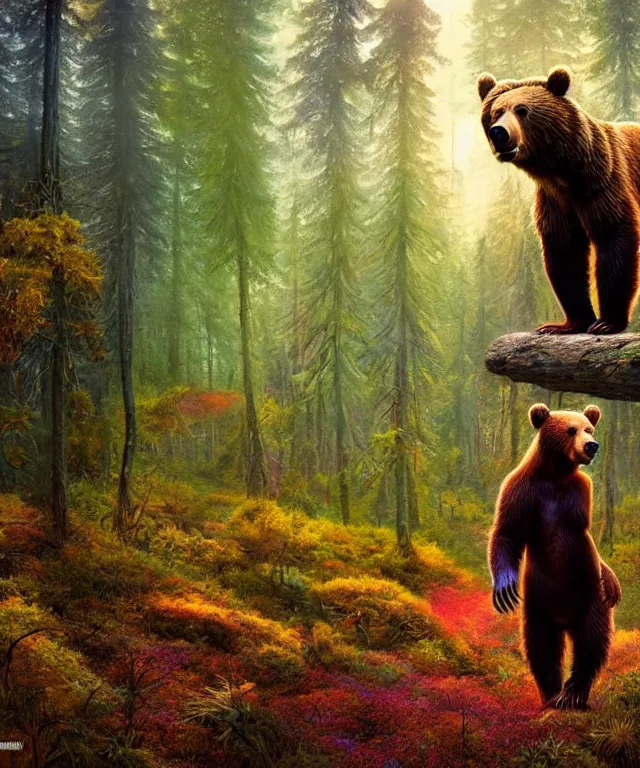 Image similar to a realistic brown bear, walking through a psychedelic forest, wide angle landscape shot, pixar style by tristan eaton, artgerm and tom bagshaw