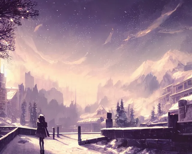 Image similar to scenery artwork, scene beautiful, light!! light essential cozy winter snow world snowy, surrealism oil on canvas, artstation!! pixiv!! dream scenery, quality astral projection render, nier automata concept art, vaporwave textures