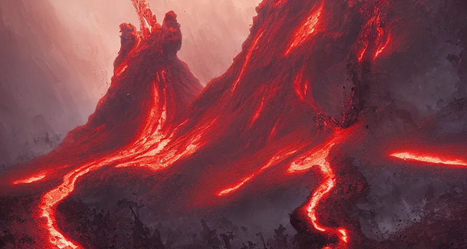 Image similar to a volcano made of ivory vines and crimson rocks enters in eruption, it spits a smoke in the shape of demonic eye, by Marc Simonetti