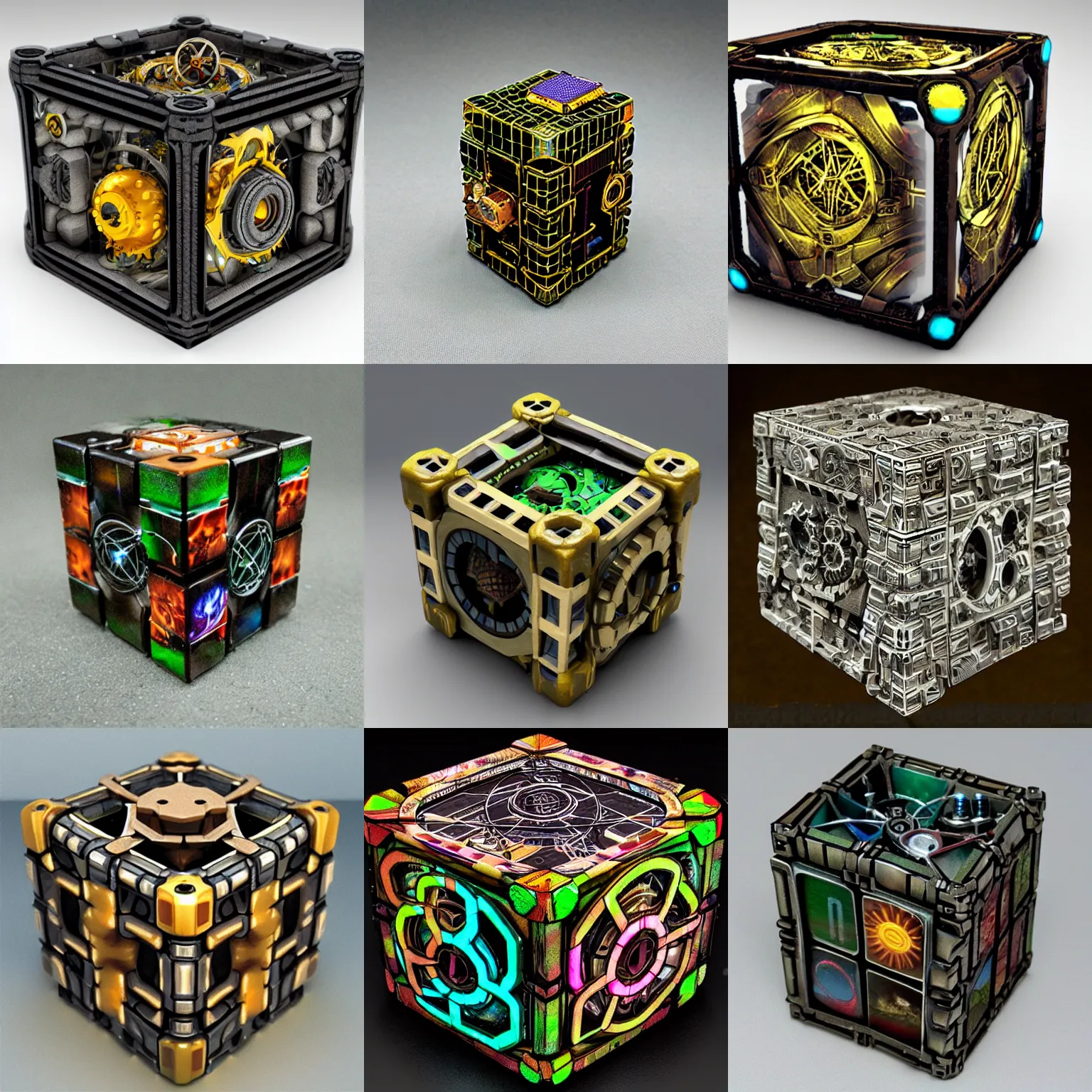 Prompt: Highly detailed mechanical cube, solarpunk