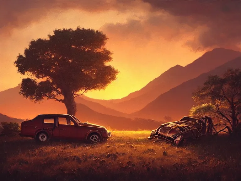 Prompt: low angle shot of an oak tree growing inside a scrap car in the foreground. overgrown. soft golden red sunset over the mountains in the background. clouds. hyperrealistic, highly detailed, cinematic, beautiful, cgsociety, artstation, oil painting by greg rutkowski, by artgerm, by wlop