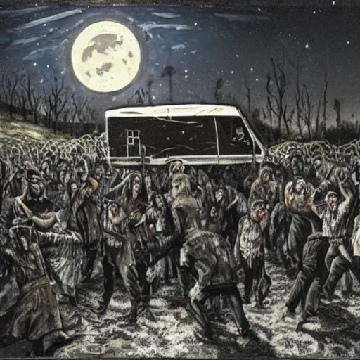 Prompt: A photo of hundreds of ravenous zombies attacking a recreational vehicle that has been shoddily reinforced with metal plates and barbed wire. It's night, under bright moonlight.