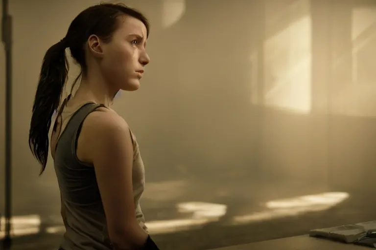 Prompt: promotional image from a dystopian sci - fi movie, a young woman wearing a dirty tank top, in a dark dystopian lab, muted colors, very dark, medical equipment, 8 k, cinematic, dramatic lighting, very detailed face, movie still frame, promotional image, imax 7 0 mm footage