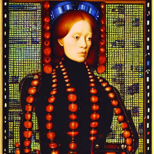 Image similar to a portrait of cyborg queen jacked into a man-machine interface by Jan van Eyck