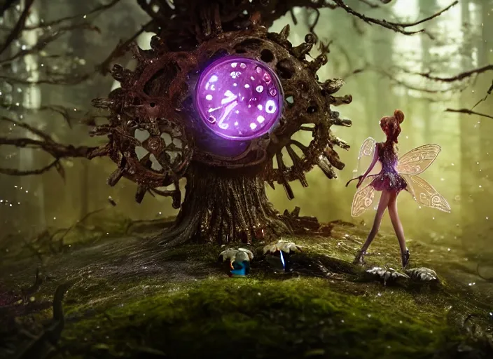 Prompt: 12mm intricate mechanical fairy with visible gears and electronics and optic Fibres sitting on top of a mushroom in a magical forest. Very detailed 8k. Fantasy cyberpunk horror. Sharp. Cinematic post-processing