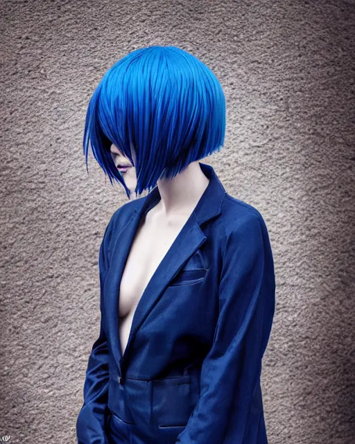 Prompt: touka kirishima from tokyo ghoul, blue hair, modern fashion, half body shot, photo by greg rutkowski, female beauty, f / 2 0, symmetrical face, warm colors, depth of field