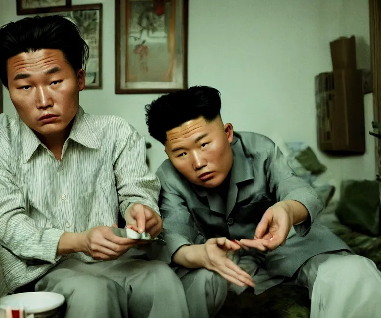 Prompt: hyperralism pineapple express movie still photography of real detailed north korean kim chen with detailed face smoking detailed weed in detailed basement bedroom hyperrealism photography by araki nobuyoshi