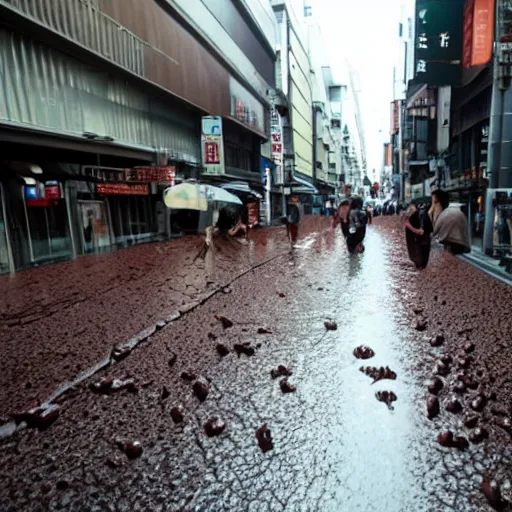 Image similar to an chocolate liquid melting from sky and flooding the street of tokyo