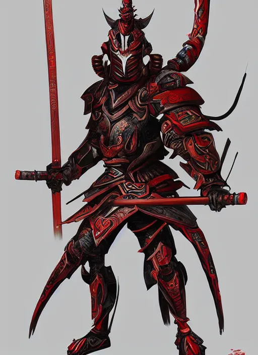 Prompt: Samurai with an insectoid armor, in the style of Sam Guay and Fenghua Zhong and Sam Spratt, character art, trending on artstation