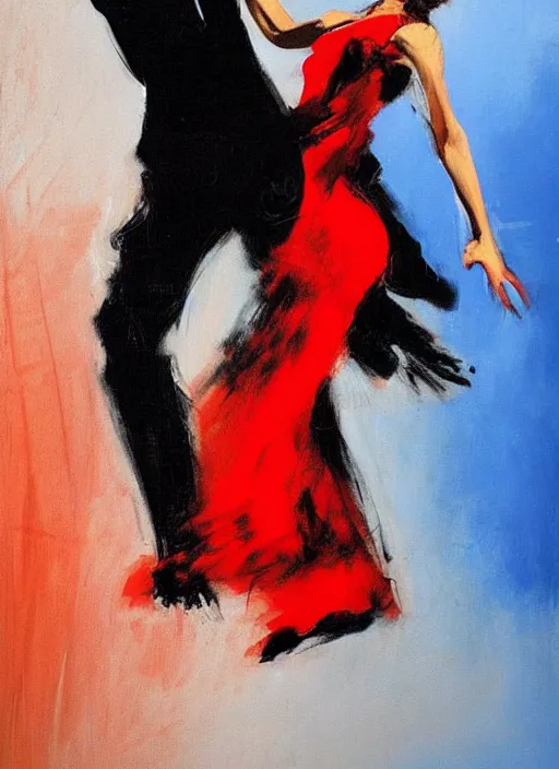 Image similar to tango dancerin in black and red dress, painting by phil hale, fransico goya,'action lines '!!!, graphic style, visible brushstrokes, motion blur, blurry, visible paint texture, crisp hd image