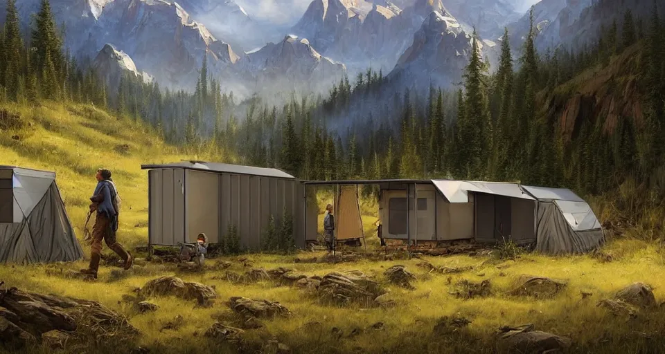 Image similar to cabela's beautiful comfortable carbon framed, modular insulated wall portable container home kit - house all weather family dwelling tent house, person in foreground, mountainous forested wilderness open fields, beautiful views, painterly concept art, environmental concept art, concept art illustration, by james gurney, by craig mullins, by greg rutkowski trending on artstation