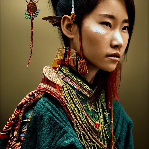 Image similar to portrait of a stunningly beautiful asian tribal female with lens flars and depth of field, zeiss lens, detailed, symmetrical, centered, fashion photoshoot, by Annie Leibovitz and Steve McCurry, David Lazar, Jimmy Nelsson, Breathtaking, 8k resolution, extremely detailed, beautiful, establishing shot, artistic, hyperrealistic, beautiful face, octane render