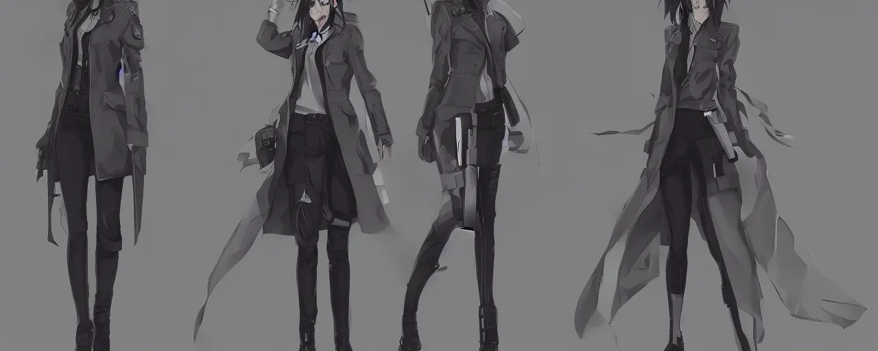 Prompt: a female anime cyberpunk dream police detective wearing a heavy trench coat, character concept explorations, concept art, clear outfit design, techwear, trending on artstation, clear shapes, clean edges, full body