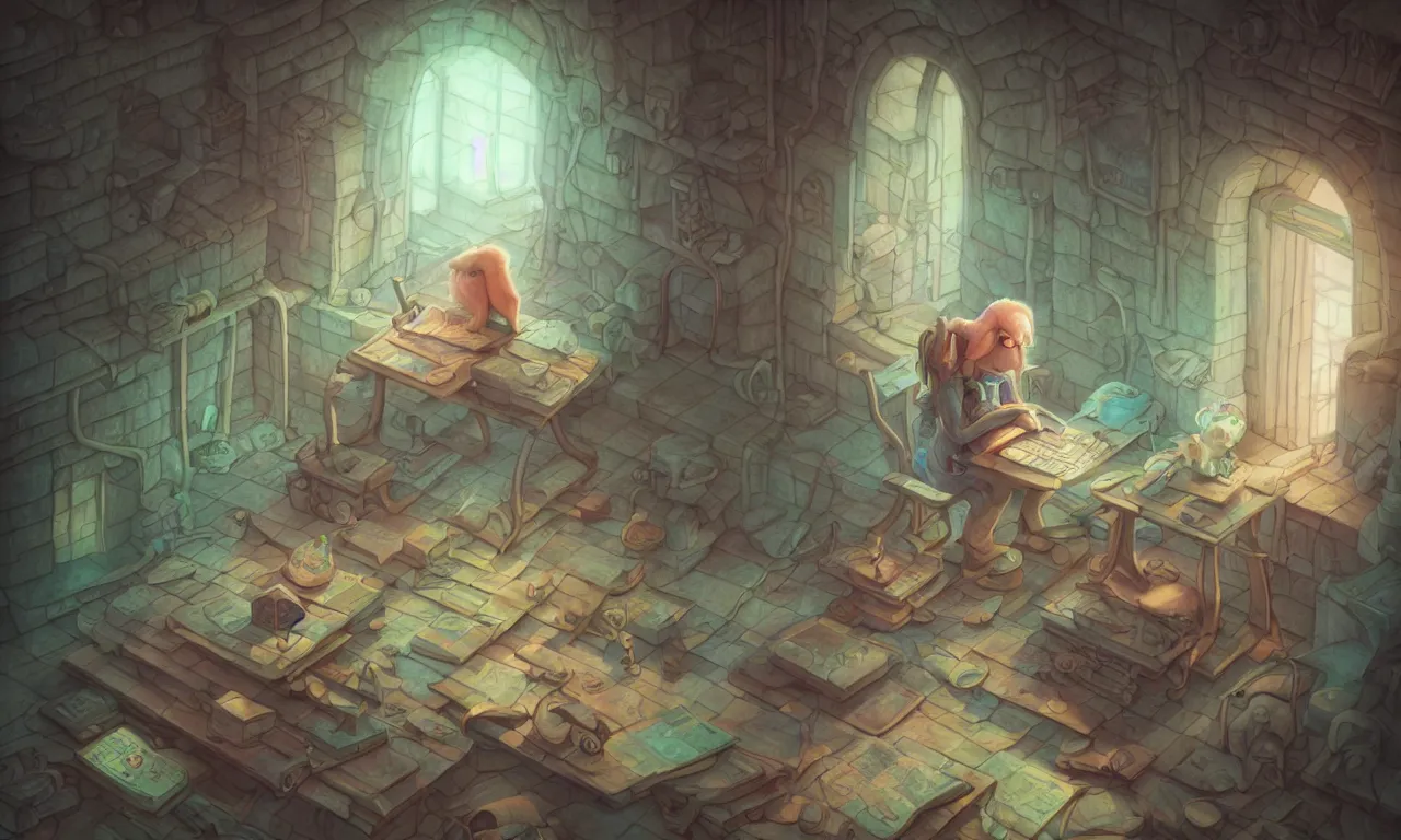 Prompt: tinkerer, twiddle, twoddle, kerberos, realm, open door, wizard reading a directory, nordic pastel colors, abandoned railroad, 3 d art, digital illustration, perfect lighting