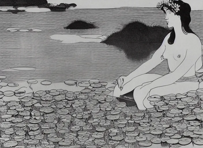 Prompt: A girl bathes in a lake where water lilies are floating, lithography by Aubrey Beardsley, High definition, detailed,