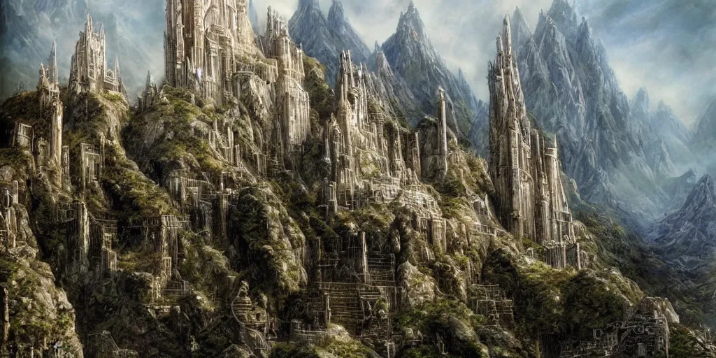 Image similar to an elven city built into the side of a mountain, tall white towers, tall white walls, by alan lee, lord of the rings, smooth, detailed terrain, oil painting, matte painting, concept art, trending on artstation