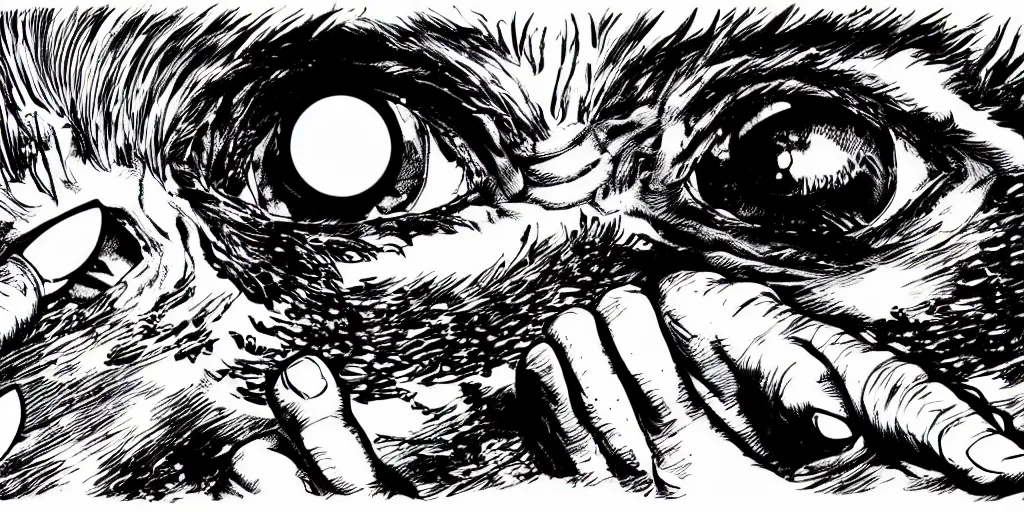 Image similar to a giant hand catches an eyeball, berserk, 4 k resolution, comic style ， by miura kentaro, ultra detailed,