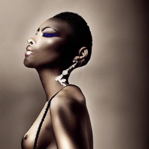 Prompt: black art, woman, beautiful, seductive, fashion editorial, realistic, intricate, detailed, sharp focus, photography, full body
