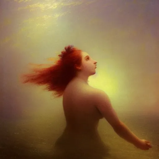 Image similar to a woman swimming underwater by Ivan Aivazovsky and Odilon Redon, skin flaking off like burnt paper, different colored multicolored eyes, long flowing hair underwater, imagination cosmic dream, dreamy, 8k bokeh, award winning , trending on artstation,